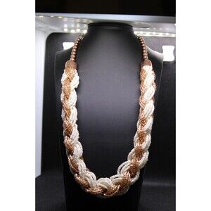 Seed Bead Braided White and Matte Gold  Necklace Adjustable 17 to 20 inches